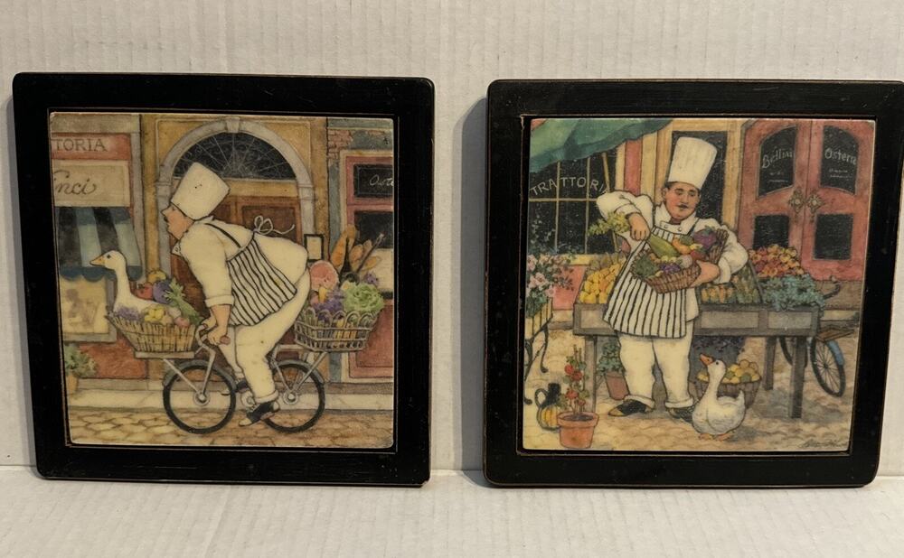 VTG Set of 2 Italian Chef Tile & Wood Wall Art Kitchen Wall Plaques Black Frames